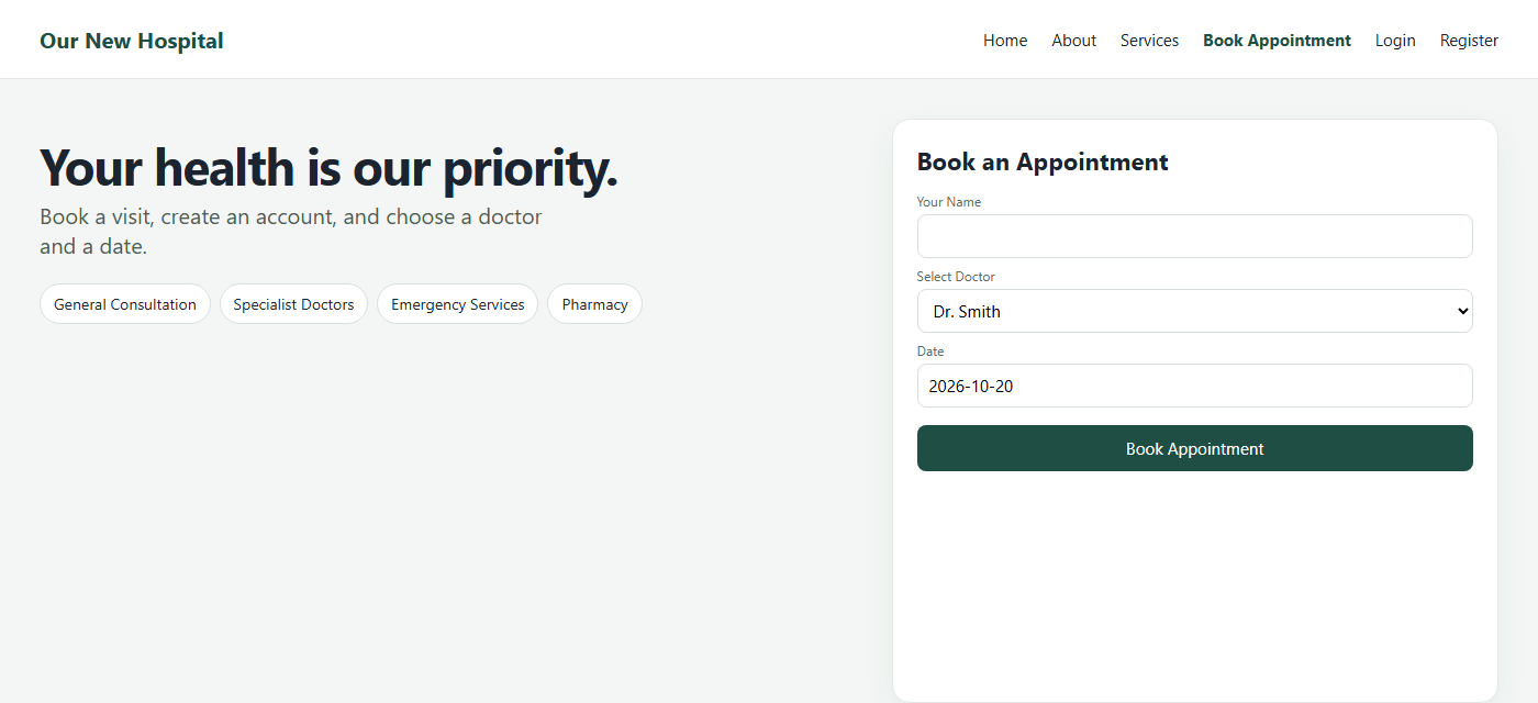 Our New Hospital page with navigation and the appointment form.