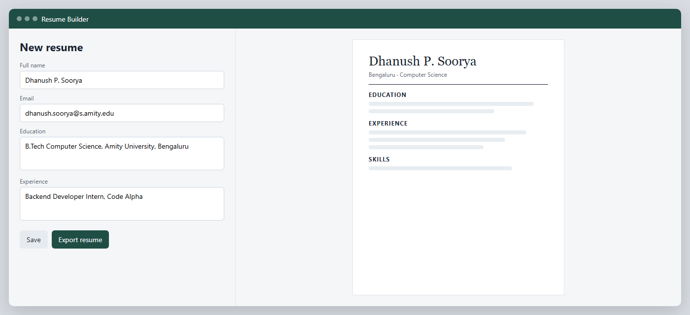 Resume Builder window with a details form and a resume preview.